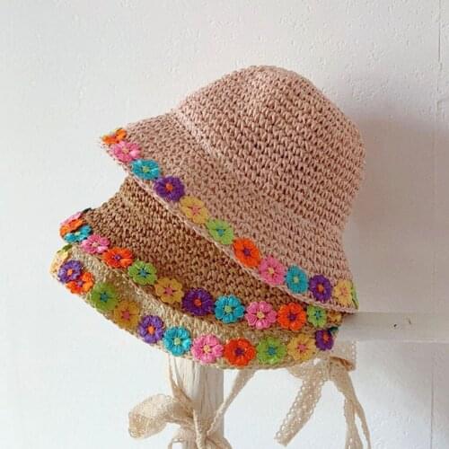 Kids Girls Straw Hat Flower Sunscreen Fisherman Hat Children Baby Straw Headdress Sun Hat Baby Girls Beach Hat