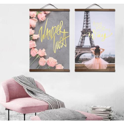 Custom Pink flowers Eiffel Tower canvas decorative painting Store bedroom living room wall art solid wood scroll painting