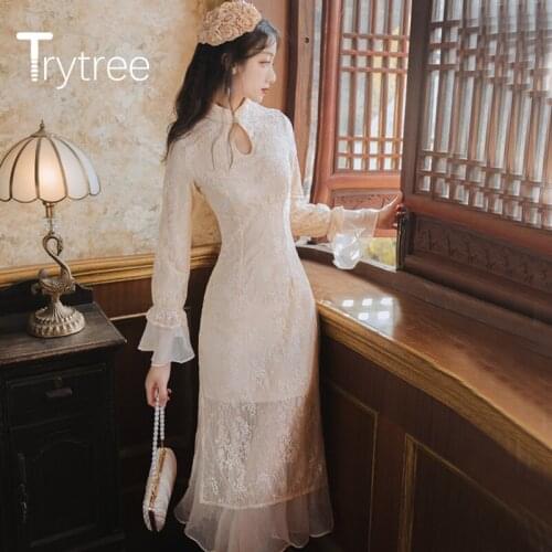 Trytree 2020 Summer Woman Dress Casual Stand Collar Fashion Vintage Elegant Patchwork Mesh High Waist Temperament Slim fit Dress
