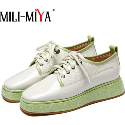 MILI-MIYA New Arrival Women Patent Leather Flats Lace Up Mixed Color Platform Round Toe Casual Street Shoes Size 34-49 For Lady