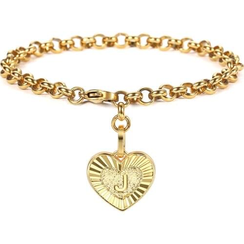 New Gold Stainless Steel Heart Shaped Initial 26 Letters Charm Bracelet for Women Girls Rolo Link Chain 8inch Adjustable KB668