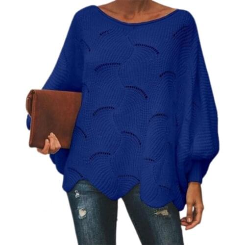 Knitted Sweater Solid Color Batwing Sleeve Flower Edge Hem Hollow O-Neck Loose Solid Color Knitted Sweater Women Knitwear 3XL