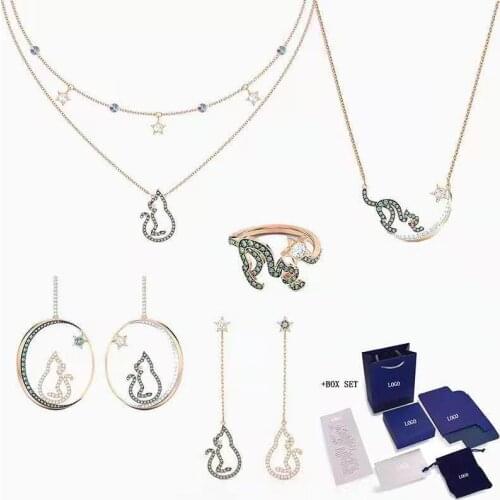 SWA Ring Necklace Earrings New CATTITUDE Gold Necklace Set Starry Cat Line Shiny Crystal Ladies Jewelry Gift Free Shipping