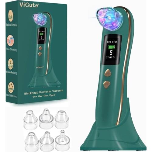 Blackhead Remover Vacuum - Blue&Red Light Therapy Pore Vacuum Cleaner With 6 Suction Heads,5 Levels and USB Charging Base