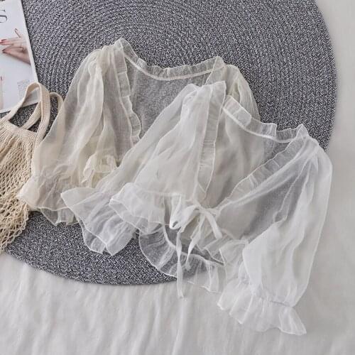 Ruffles Chiffon Women White Shirts Summer New 2021 Short-Sleeved Empired See-Through Elegant Female Outwear Coats Tops