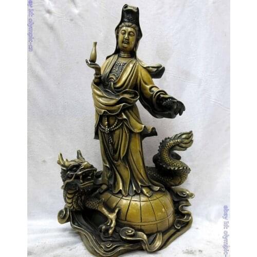 16" China brass copper Buddhism dragon Kwan-yin Guanyin buddha Sculpture Statue