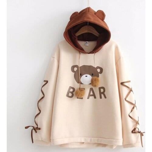 Japanese Students Sweet Sweatshirt Soft Cute Girl Cute Bear Lace Long Sleeve Hooded Ear Plus Velvet Sweatshirt Women Sweatshirt