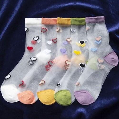 DOIAESKV Ultra Thin Summer Socks Women Lovely Japanese Transparent Crystal Hearted Girls Elastic Short Socks Female Sox