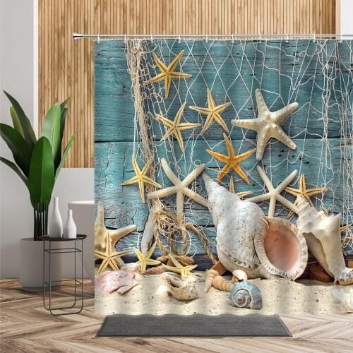Beach Starfish Shell Scenery Shower Curtain Blue Retro Wood Grain Home Decoration Background Waterproof Bath Curtains With Hooks