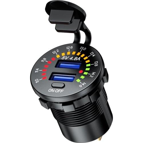 Dual USB Charger Socket Waterproof 4.8A Colorful Voltmeter for 12V/24V Car Boat Marine Motorcycle ATV Tractors Truck Golf-Cart