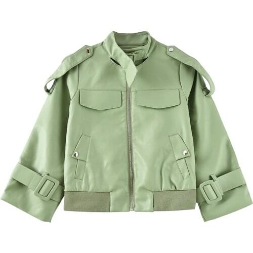 Green White Short Faux Leather Jacket Women Streetwear Motorcycle Biker Jacket Spring Stand collar Long-sleeve Casual Outerwear