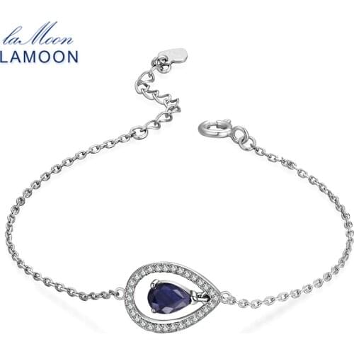 LAMOON Sapphire Jewelry S925 Charm Bracelets for Women 100% Real Blue Water Drop Gemstone 925 Sterling Silver Fine Jewelry HI036