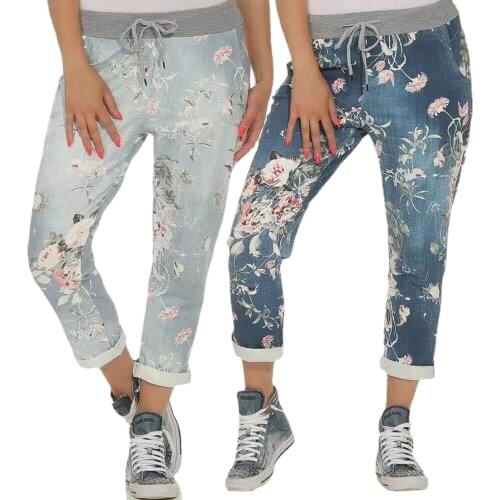 Women Fashion Denim Print Elastic Waist Tie Casual Pants Vintage Korean Fashion Cropped Trousers Capri Jeans