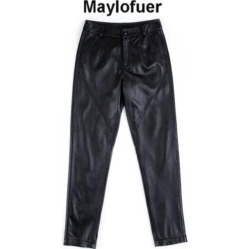 Women Real Leather Black Sexy Stretch Bodycon Trousers Women High Waist Long Pants Genuine Leather Sheepskin Soft Pants