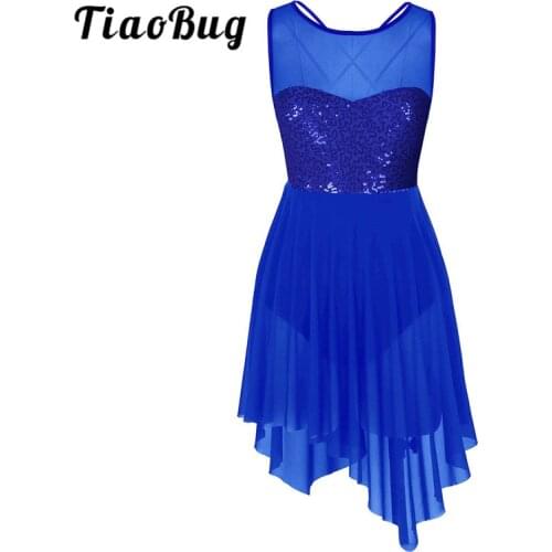 TiaoBug Women Sequins Sleeveless Stage Lyrical Dance Costume Ballet Tutu Asymmetrical Mesh Dress Adult Ballet Gymnastics Leotard