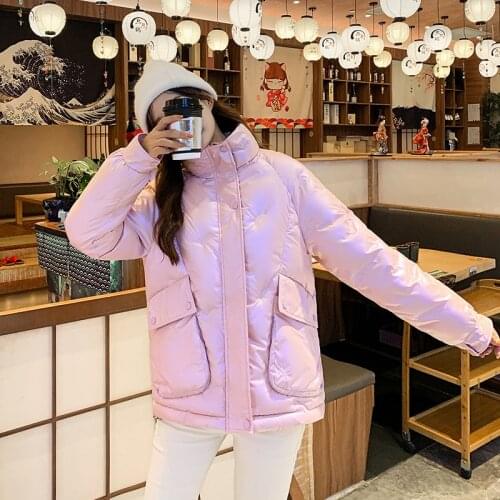 Womens Winter Down Jacket With Zipper Stand-up collar jacket Korean Style Loose Glossy Thick Parka Warm embroidered FemaleCoat