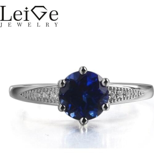 Leige Jewelry Lab Sapphire Blue Color Gemstone Round Cut Prong Setting Ring For Woman September Birthstone Sterling silver 925