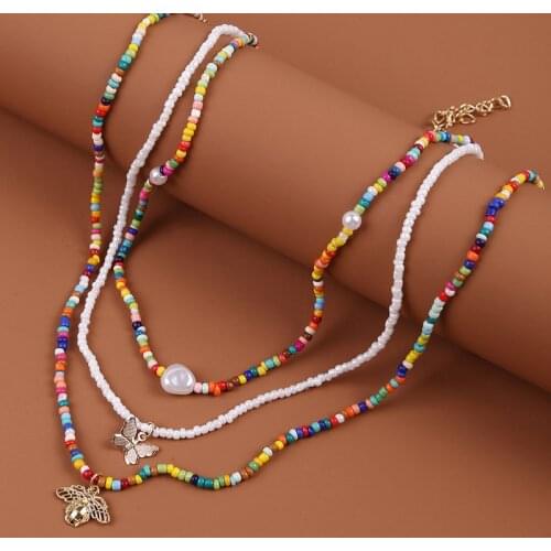 3 Pcs/Set Womens Bohemian Multicolor White Beaded Chain Necklaces Ladies Boho Gold Color Butterfly Bee Necklace Pendant Jewelry