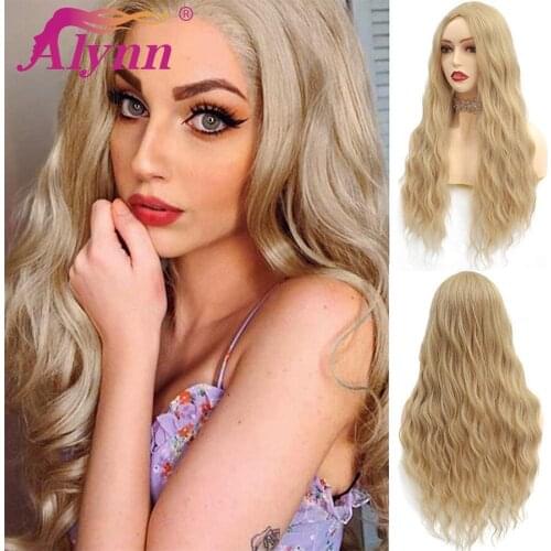 Alynn Long Water Wave Wigs Synthetic Hair Gold Blonde Middle Part Wigs For Women High Temperature Fiber Daily Party Cosplay Wigs