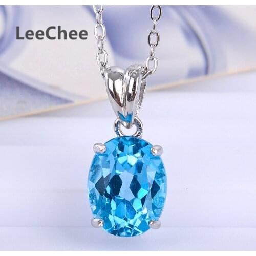 LeeChee Blue Oval Topaz pendant real 925Solid Sterling Silver gemstone necklace for women birthday gift free ship fine jewelry