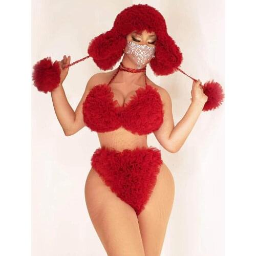 Women Dancer Singer DS Performance Costume Red White Mesh Sleeve Bra Short Cap 3 Pieces Set Nightclub Outfit Bar Dance Show Wear