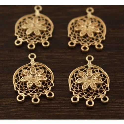 Filigree Flower Oriental Pendant Charms Loops Connector Brass Metal Embellishment Stamping DIY Dangle Hanging Earring Making