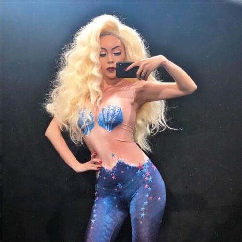S97 Shell printing female jumpsuit singer stage wears bodysuit pole dancer outfit performance club party clothing women sexy