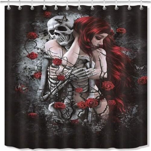 Beauty Skeleton Death Rose Bathroom Fabric Shower Curtain