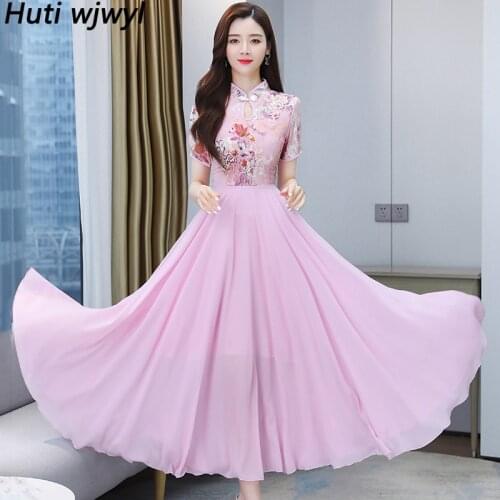 Summer Plus Size Print Vintage Chinese Style Dress Women Bodycon Party Pink Vestido 2021 Chiffon Casual Boho Beach Maxi Sundress
