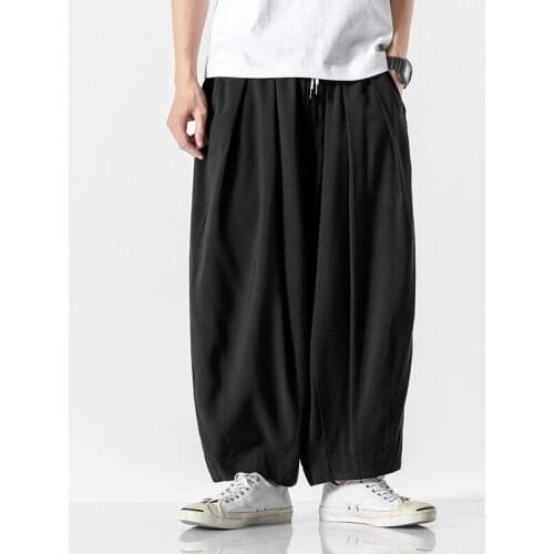 Summer Linen Pants Wide Legs Male Chinese Style Wide Leg Pants Fashion Plus Size Bloomers Casual Nine Point Pants Men