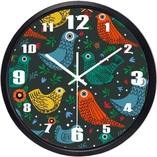 Painted Birds Colorful Wall Clock Popular Non-Ticking Multi colors Living Room Creative French Modern Watch