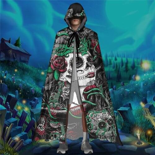 Day of the Dead Art Print Adult Vampire Capes Hooded Robes Halloween Cloak Unisex Full Length Cosplay Costume for Womens Mens