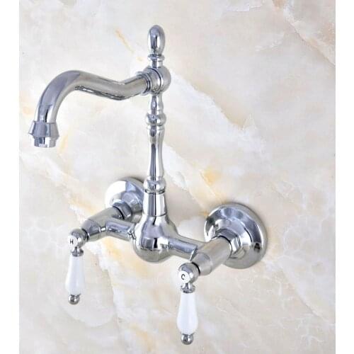 Polished Chrome Brass Wall Mount Kitchen Sink Faucet Swivel Spout Mixer Tap Dual Ceramics Handles Levers anf574