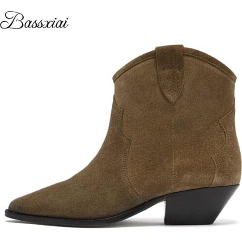 Sewing Patchwork Suede Ankle Boots Women Med Thick Heel Pointed Toe Slip-on Botas Do-old Edition Autumn Winter Booties