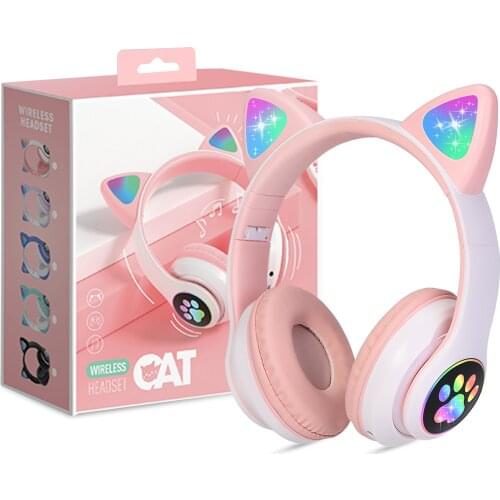 With Box, Glowing Light Cute Cat Bluetooth Kid Headphone with Mic, Can Close LED Girls Music Helmet, Phone Wireless Headset Gift