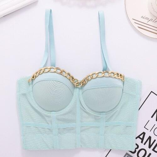 Sexy V-neck Solid Color Crop Top with Golden Chain Bustier Backless Mesh Tops for Women Summer Casual Camisole