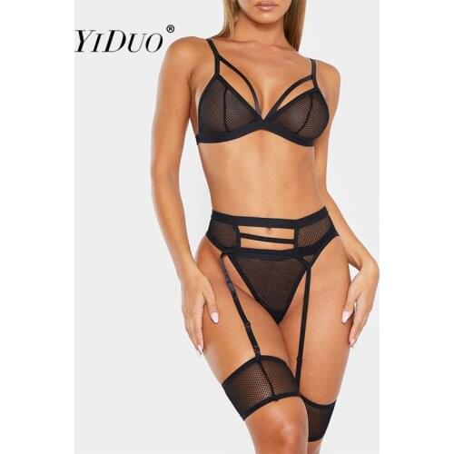 YiDuo Mesh Sexy Seamless Bandage Lingerie 3 Piece Set Black Women Bra And Panties Sets Red Lace Bra Lingerie Feminina Clubwear