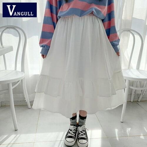 Vangull High Waist Ruffle Cupcake Skirt Women Summer New Elastic Waist Loose Skirt Ins Style Female Party Mid- calf Skirts
