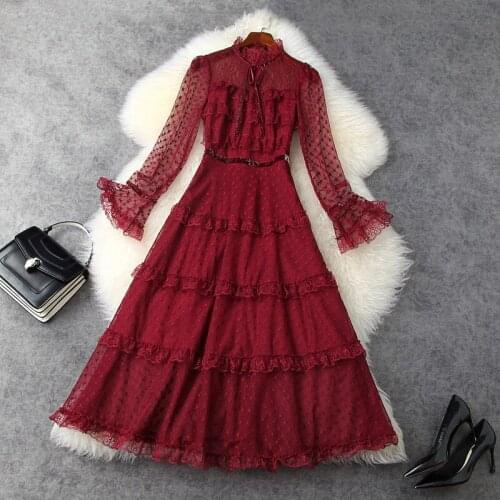 Women flare sleeve black mesh gothic dress 2021 spring summer ruffles sexy mesh dresses black burgundry wine red