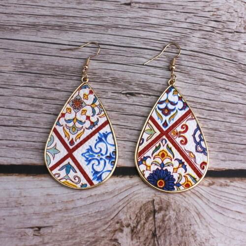 ZWPON Rainbow Square Printed PU Leather Teardrop Earrings Printed Palette Combines Earrings Gold Frame Earrings for Woman