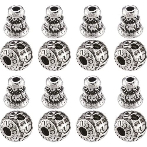 10Set Tibetan Antique Silver Color Alloy Buddhist Beads Round and Cone For DIY Necklace Bracelet Jewelry Making Decor