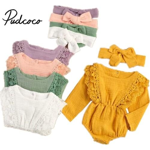 Infant Newborn Baby Girl 2Pcs Set Toddler Solid Lace Jumpsuit Hemp Cotton Line Fly Long Sleeve Romper Lace Hair Band Children