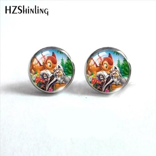 2021 New Arrival Kawaii Cartoon Animals Bambi Marie Simba Puppy Handmade Stainless Steel Glass Dome Stud Earrings