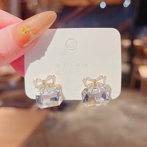 2021 New jewelry fashion crystal Bowknot Cube Crystal Earring Square bow Earrings for Women Pretty gift