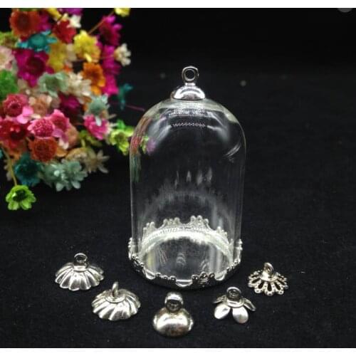 50sets/lot 38*25mm tube glass globe with silver plated flower tray cap set glass cover pendant glass bottle jewelry accessories