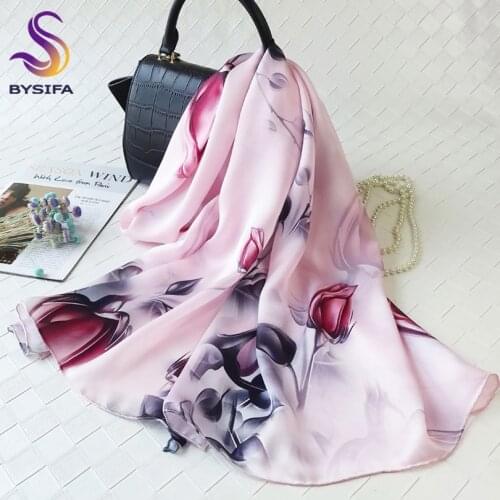 [BYSIFA] Chinese Style Ladies 100% Silk Scarf Shawl Brand Accessories Tulip Neck Silk Satin Scarf Cape Winter Pink Long Scarves