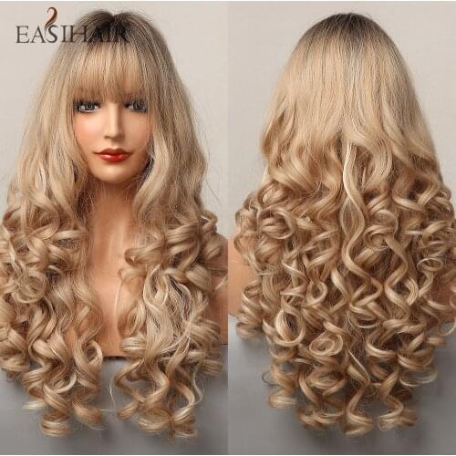 EASIHAIR Long Blonde Deep Wave Synthetic Wigs with Bangs Curly Hair Wigs for Women Daily Wigs Heat Resistant