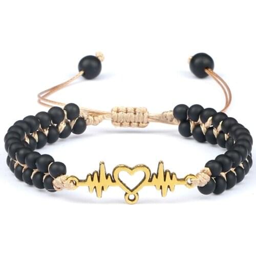 EEG Heart Charm Bracelets 4mm Black Matte Small Beads String Braided Strand Couples Bracelet Bangle for Women Friendship Jewelry
