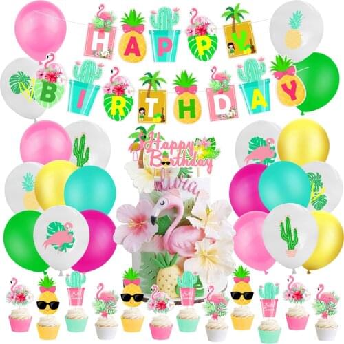 Hawaii Theme Birthday Party Ballon Flamingo Pineapple Cake Topper Birthday Banner Festa Flamingo Summer Birthday Decor