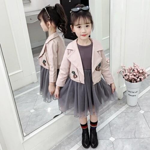 Girls Clothes Coat + Dress Sets 2021 PU Spring Autumn Kids Teenagers Birthday Outfits Children Clothing Kids Sets Jogging Suit